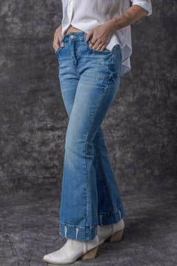 image-Sky Blue Distressed Medium Wash Flare Jeans (65 characters)