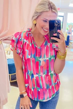 image-Rose Abstract Brush Print Ruffled Sleeve V Neck Blouse