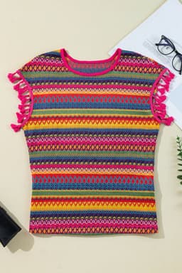 image-Rose Red Jacquard Tasseled Cap Sleeve Top - Luxurious Fabric
