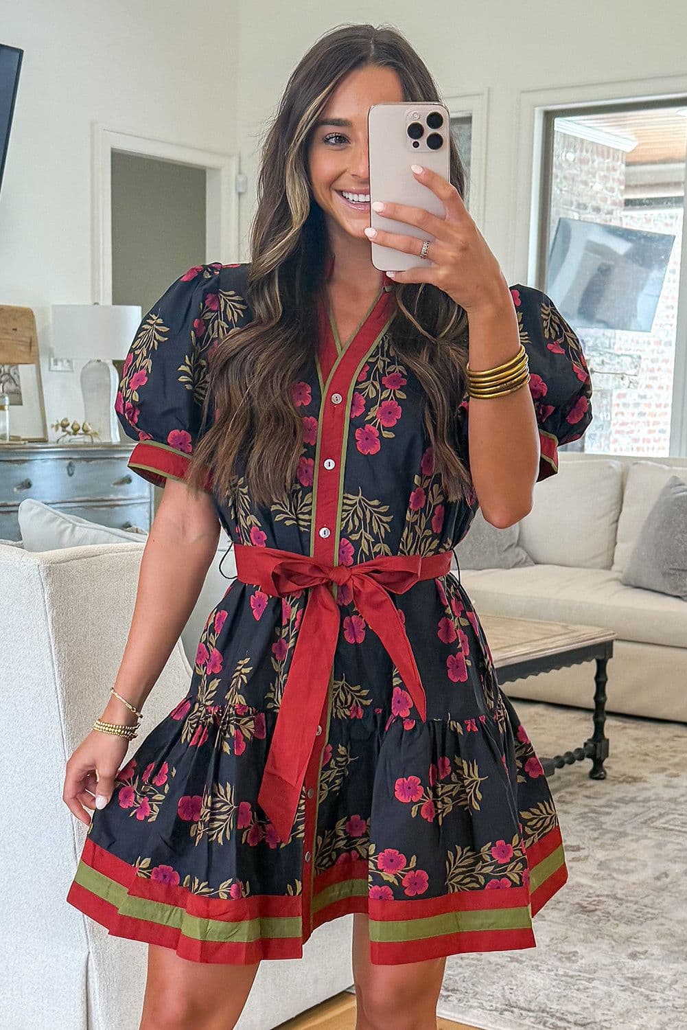 image-Black Retro Floral Print Button Down Belted Short Puff Sleeve Mini Dress