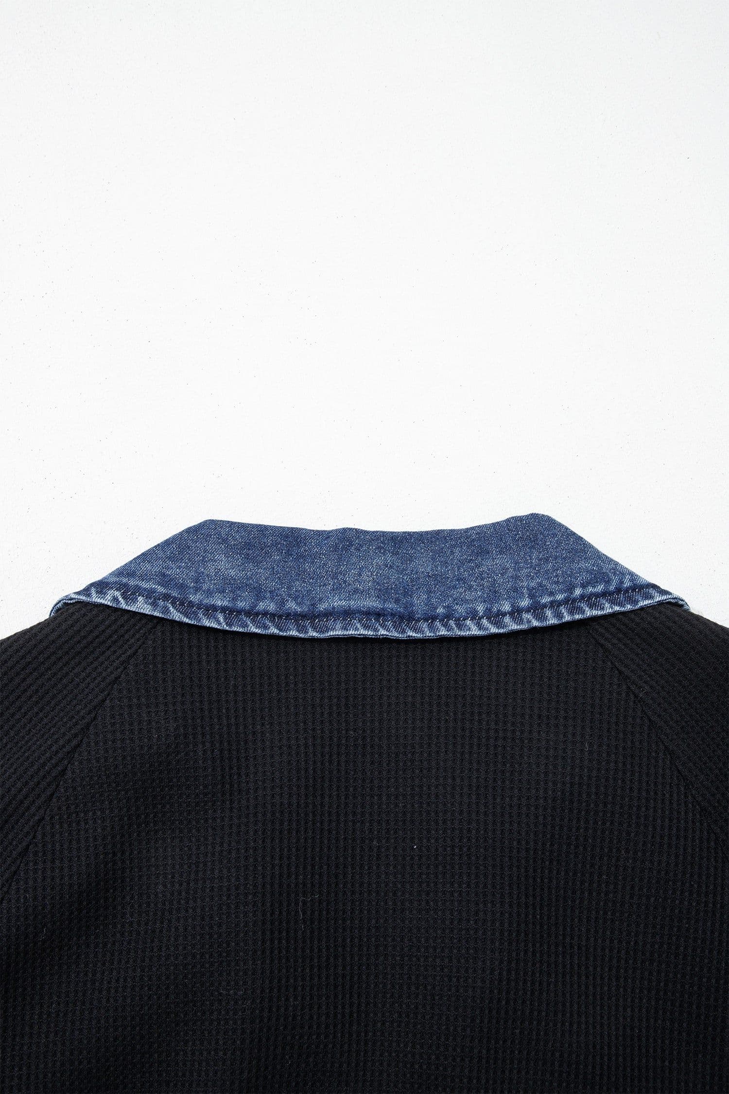 image-Black Waffle Knit Polo Top - Denim Contrast