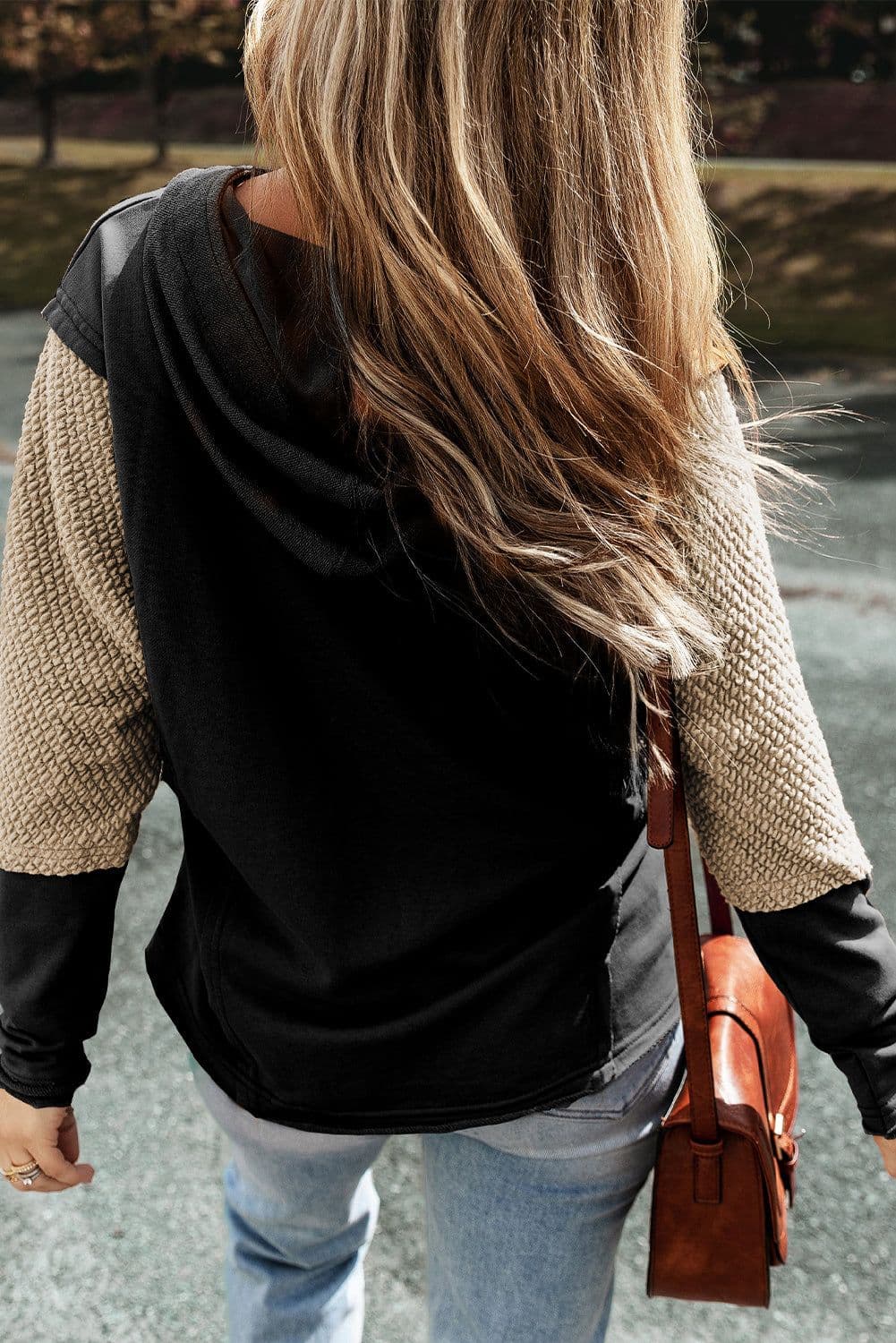 image-Chestnut Contrast Sleeves Patchwork Colorblock Hoodie
