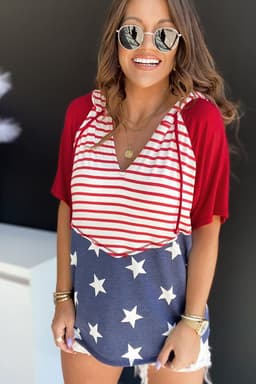 image-Fiery Red Stars and Stripes Drawstring Hooded T-Shirt
