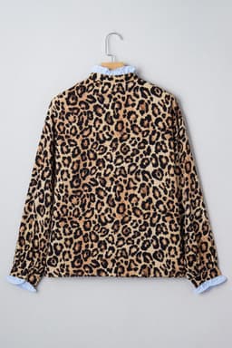 image-Brown Wild Leopard Print Contrast Striped Frilled Trim Chic Shirt
