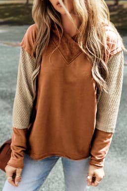 image-Chestnut Contrast Sleeves Patchwork Colorblock Hoodie
