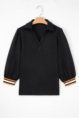 image-Black Striped Patchwork Polo Sweatshirt