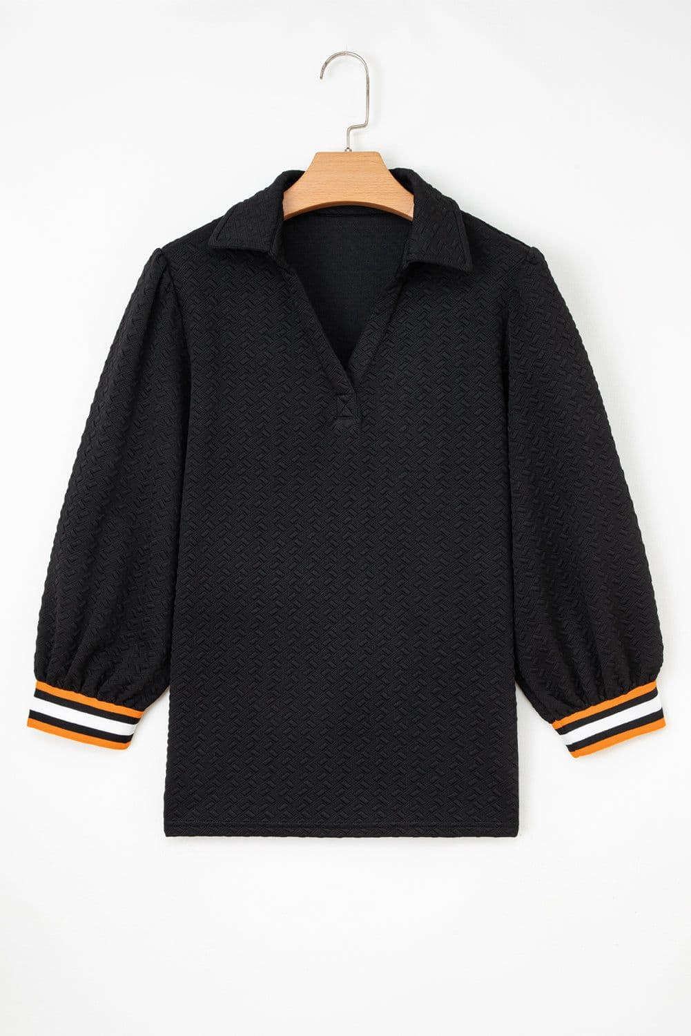 image-Black Striped Patchwork Polo Sweatshirt