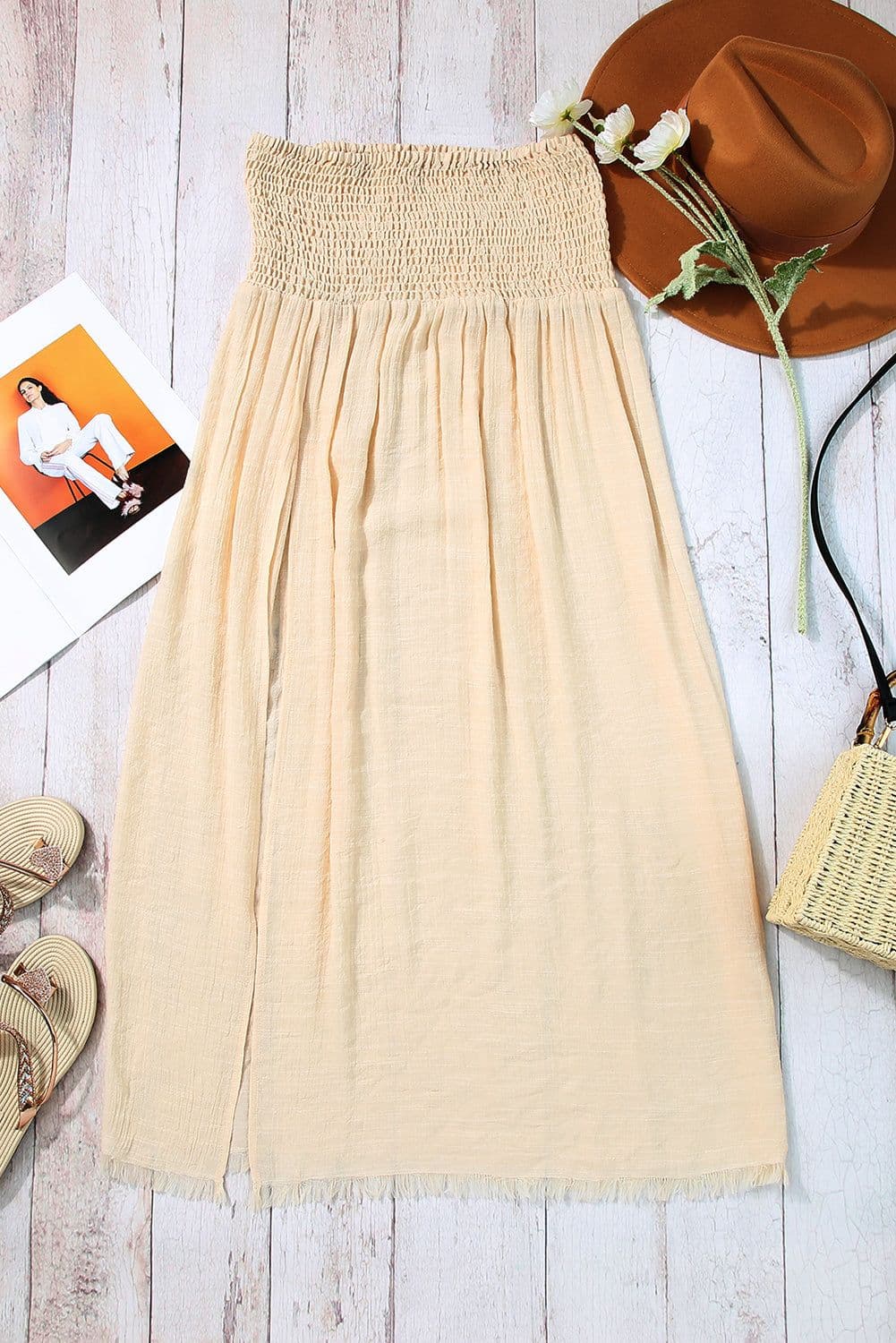 image-Beige Shirred High Waist Split Long Beach Skirt
