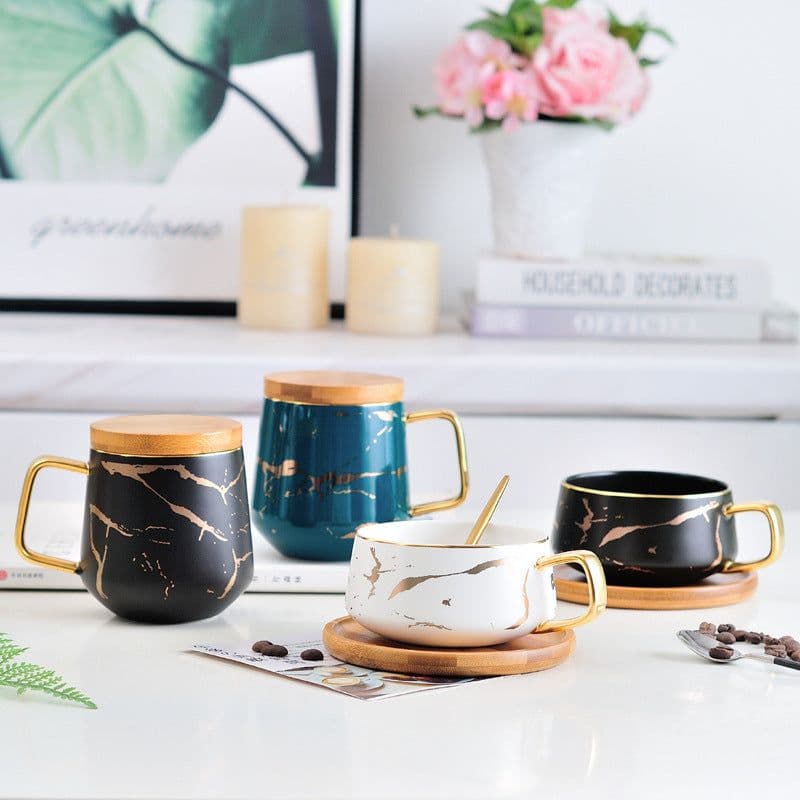 image-Ceramic Coffee Cup Mark Cup Marbled Household Water Cup Breakfast Cup With Lid Spoon