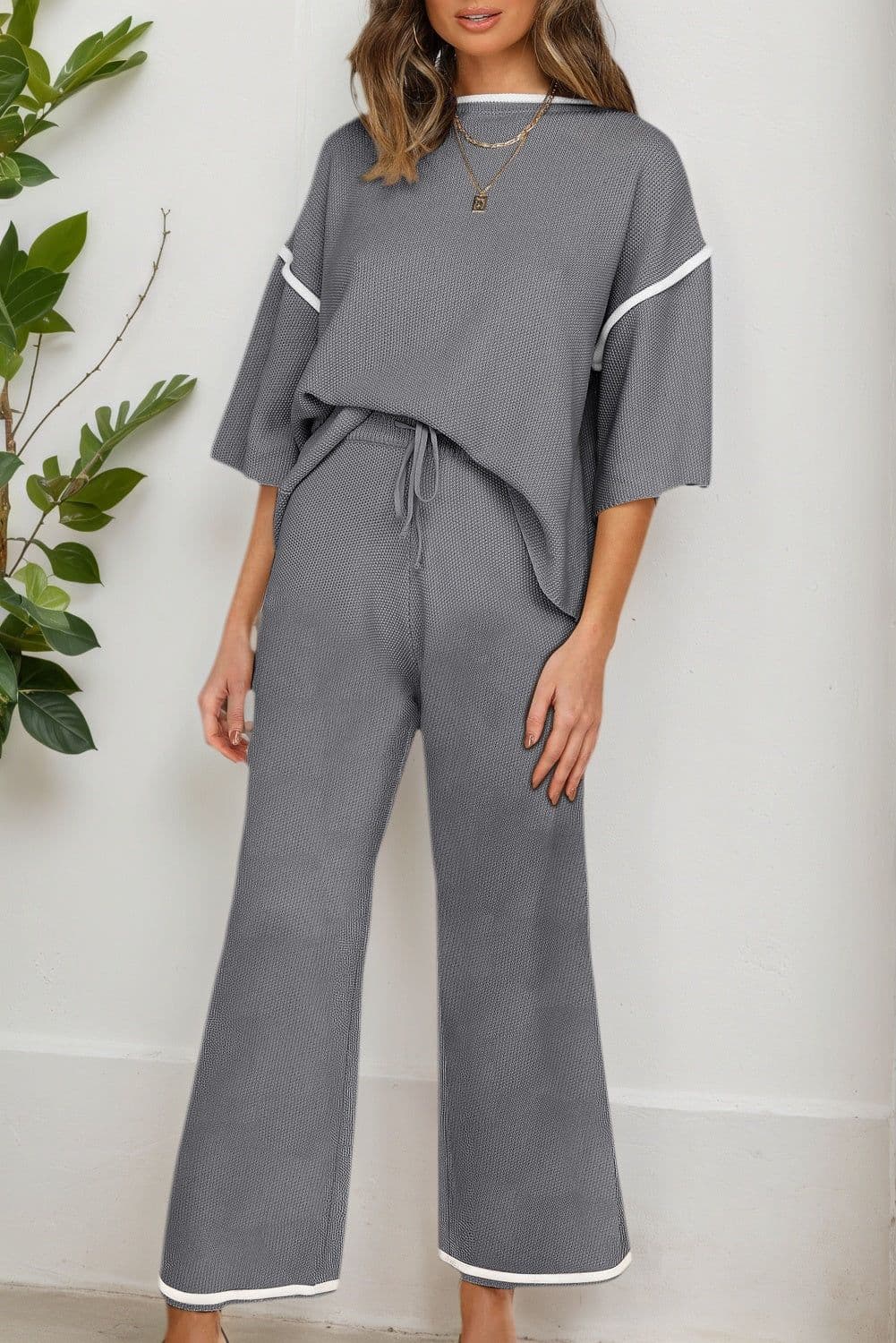image-Medium Grey Contrast Trim Half Sleeve Top Drawstring Pants Loose 2pcs Sweater Suit