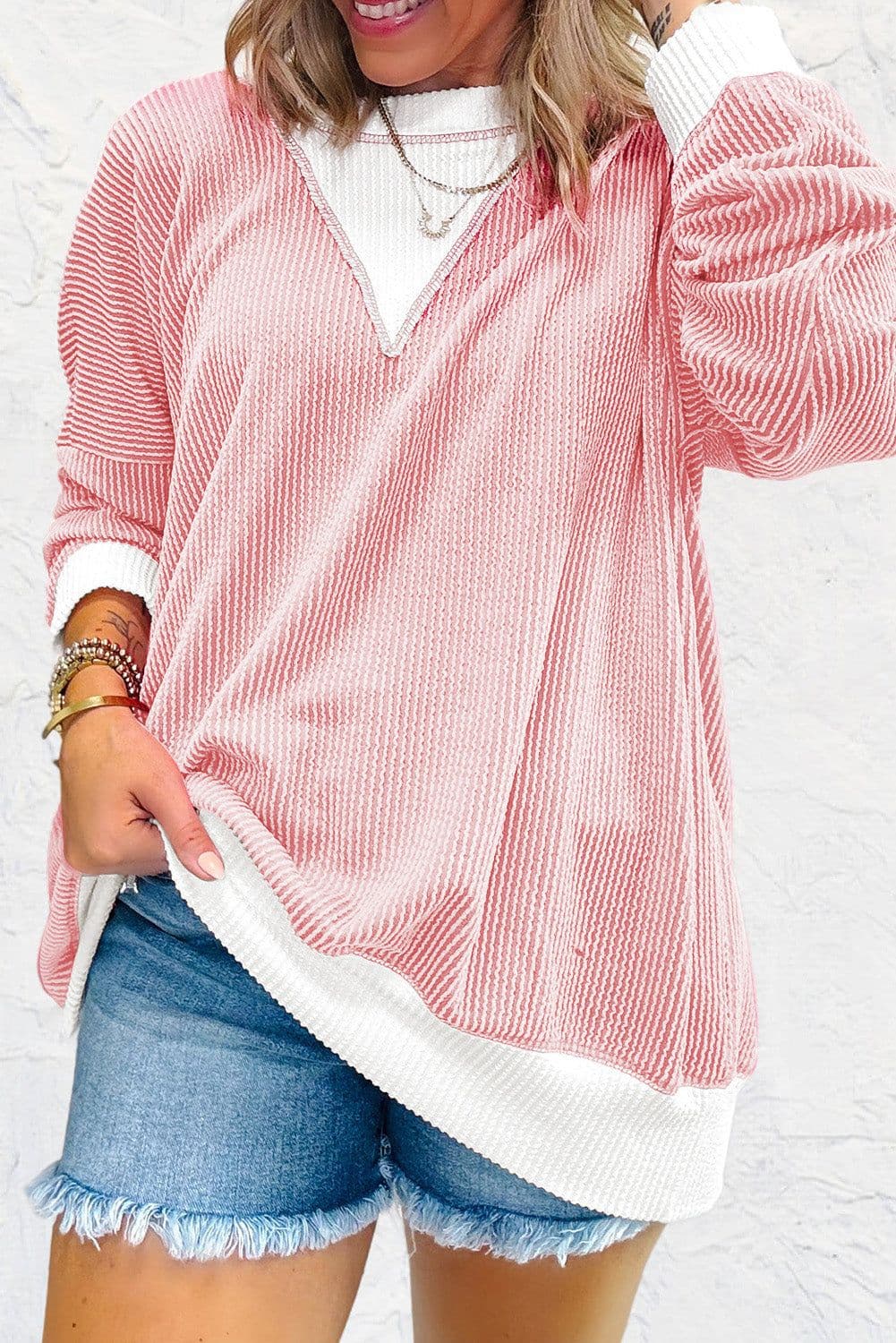 image-Peach Blossom Colorblock Drop Shoulder Loose Top