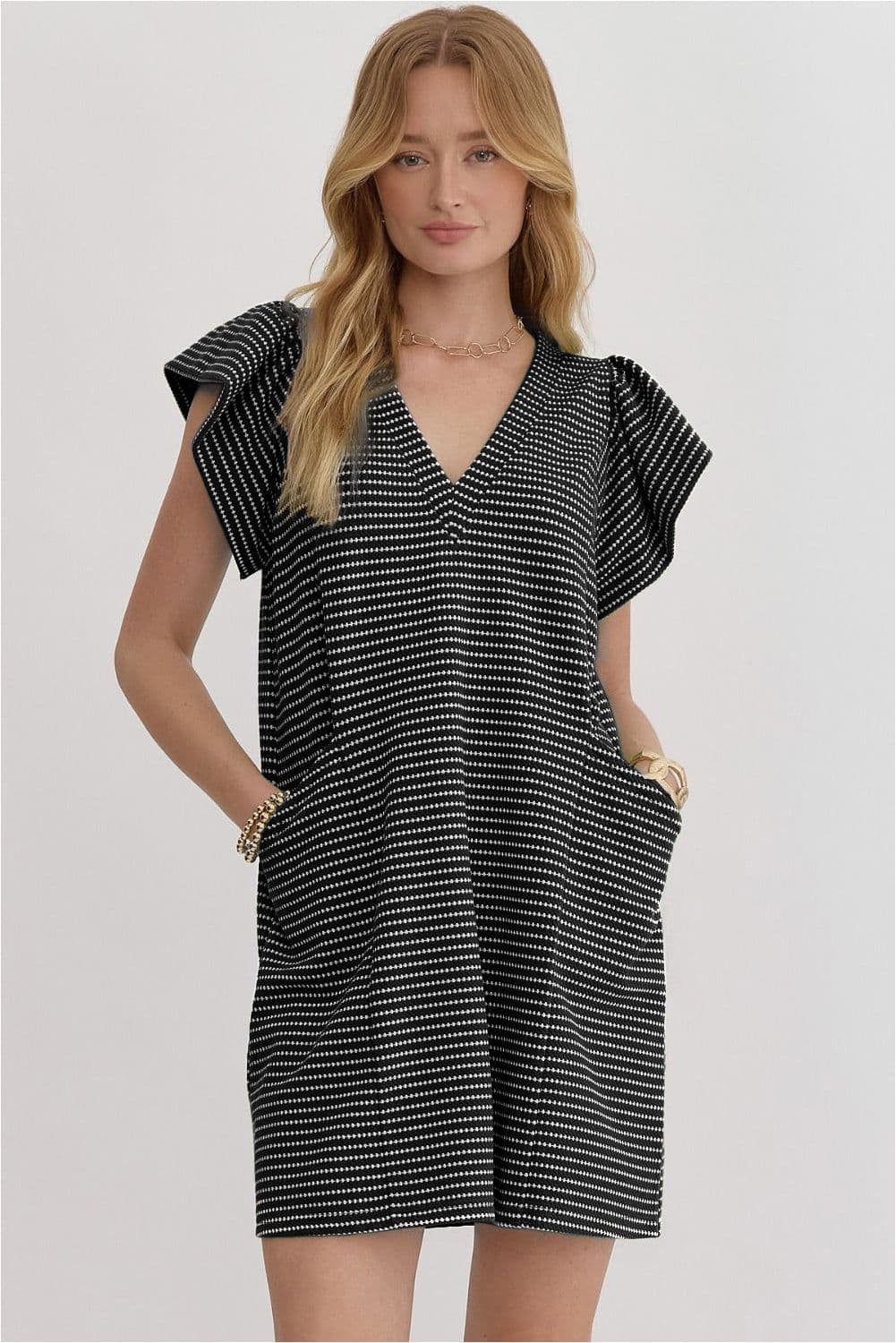 image-Black Stripe Textured Knit V Neck Flutter Sleeve Shift Mini Dress