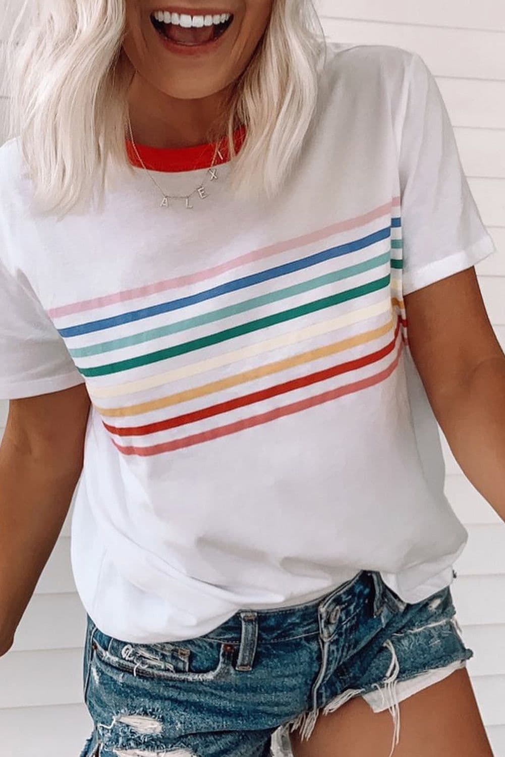 image-White Rainbow Stripe Crewneck T-Shirt