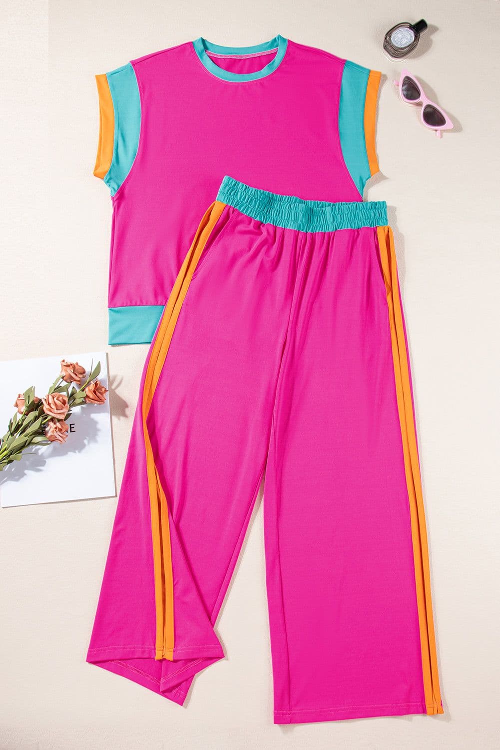 image-Strawberry Pink Color Block Two-Piece Set