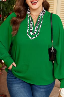 image-Green Plus Size Leopard Trim Split Neck Puff Sleeve Blouse
