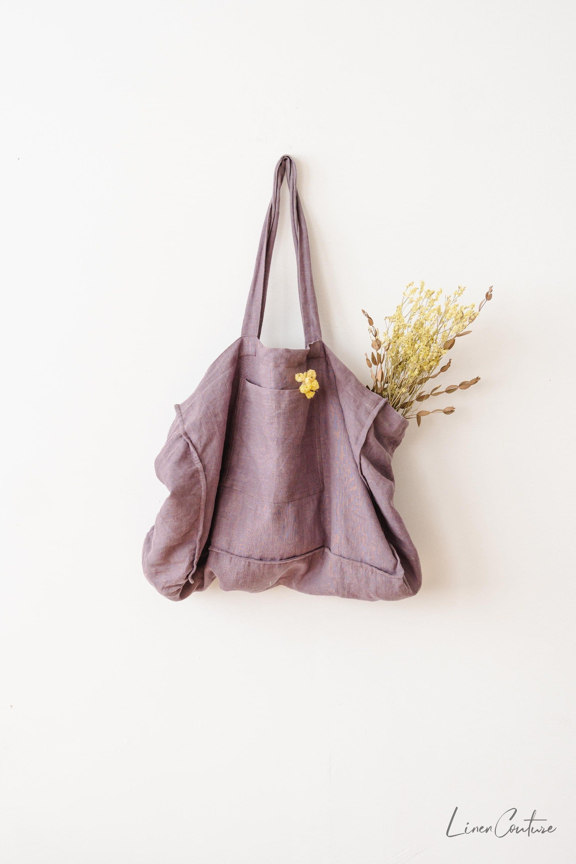 image-Linen beach bag with pocket and zipper in Pastel Plum