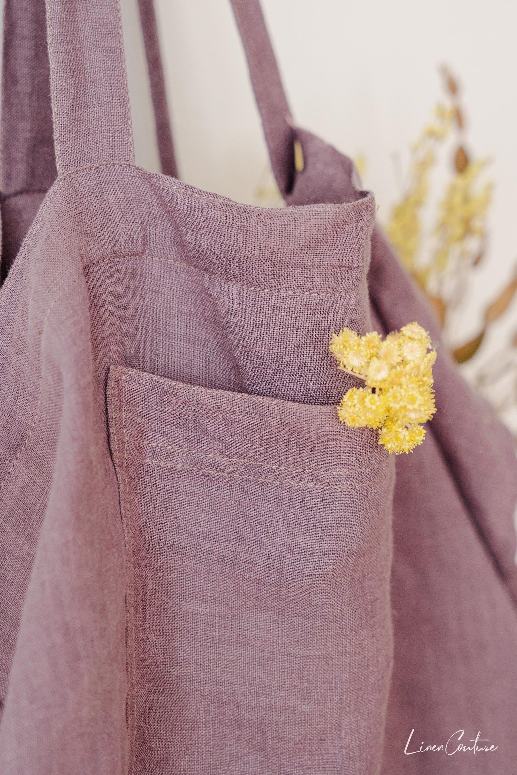 image-Linen beach bag with pocket and zipper in Pastel Plum