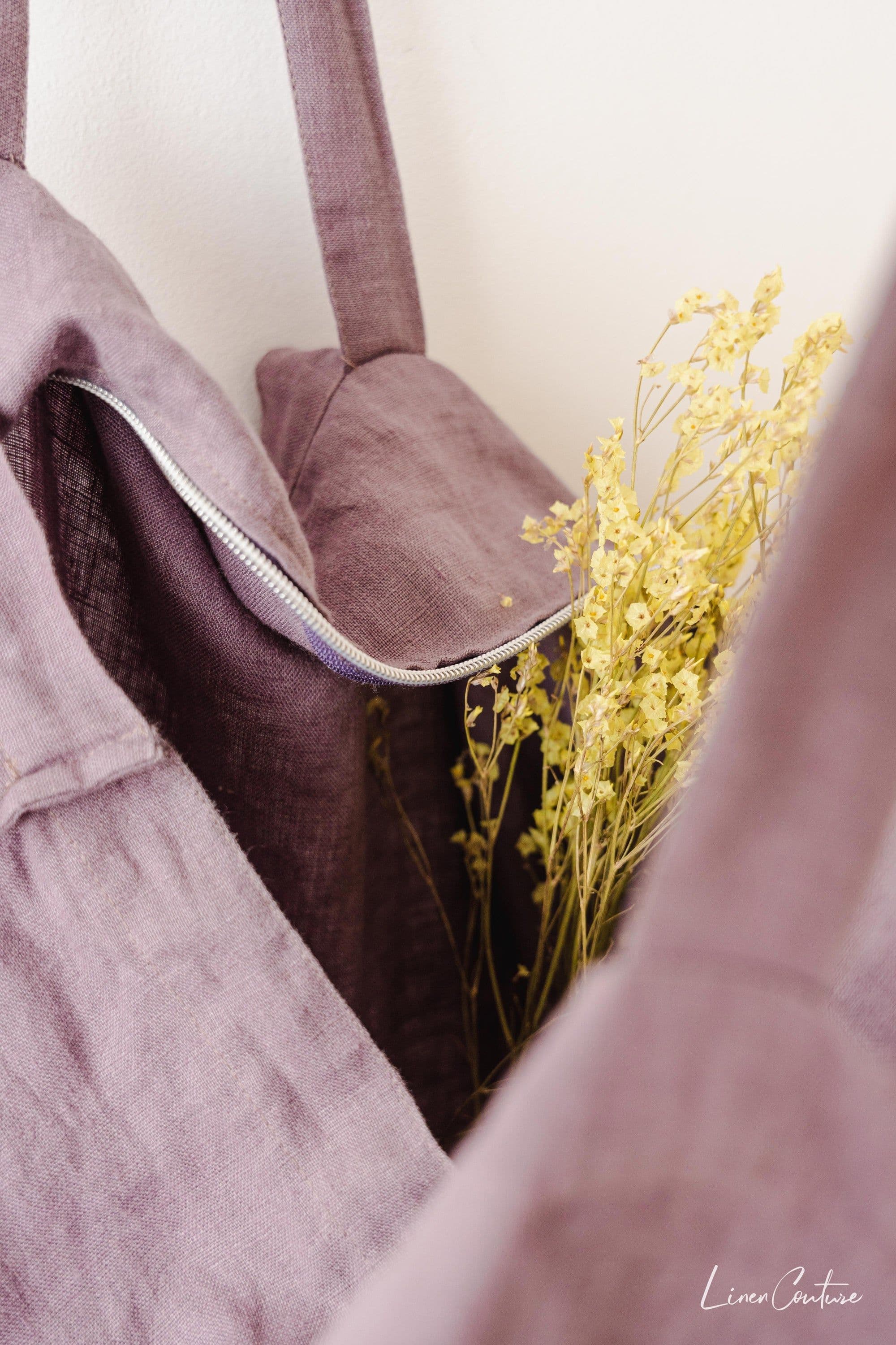 image-Linen beach bag with pocket and zipper in Pastel Plum