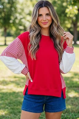 image-Fiery Red Striped Patchwork Sweatshirt