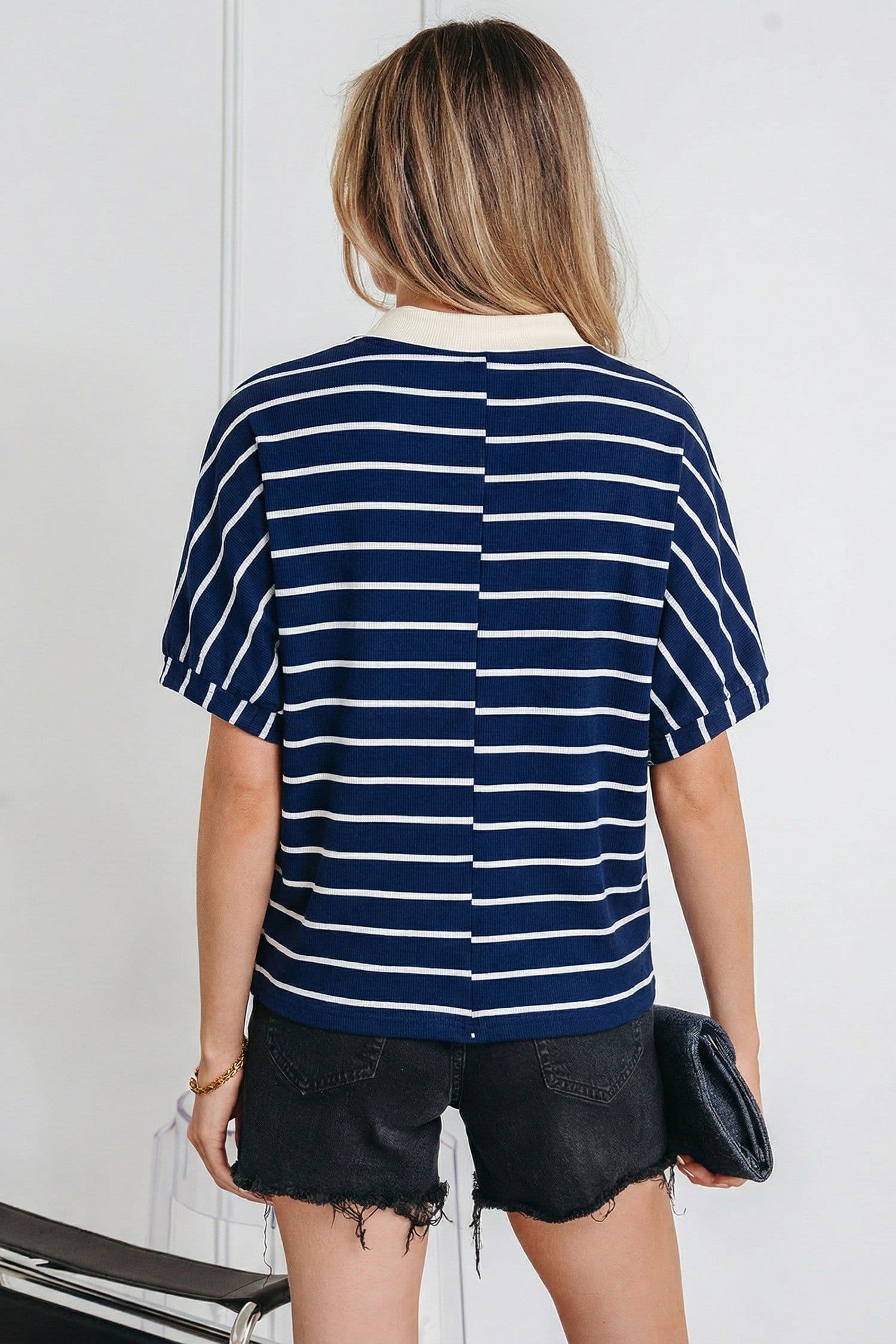 image-Blue Stripe Stand Collar V Neck Elastic Cuffs Half Sleeve Dolman Top