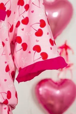 image-Rose Cherry Bow Mixed Print Scalloped Edge Short Pajama Set