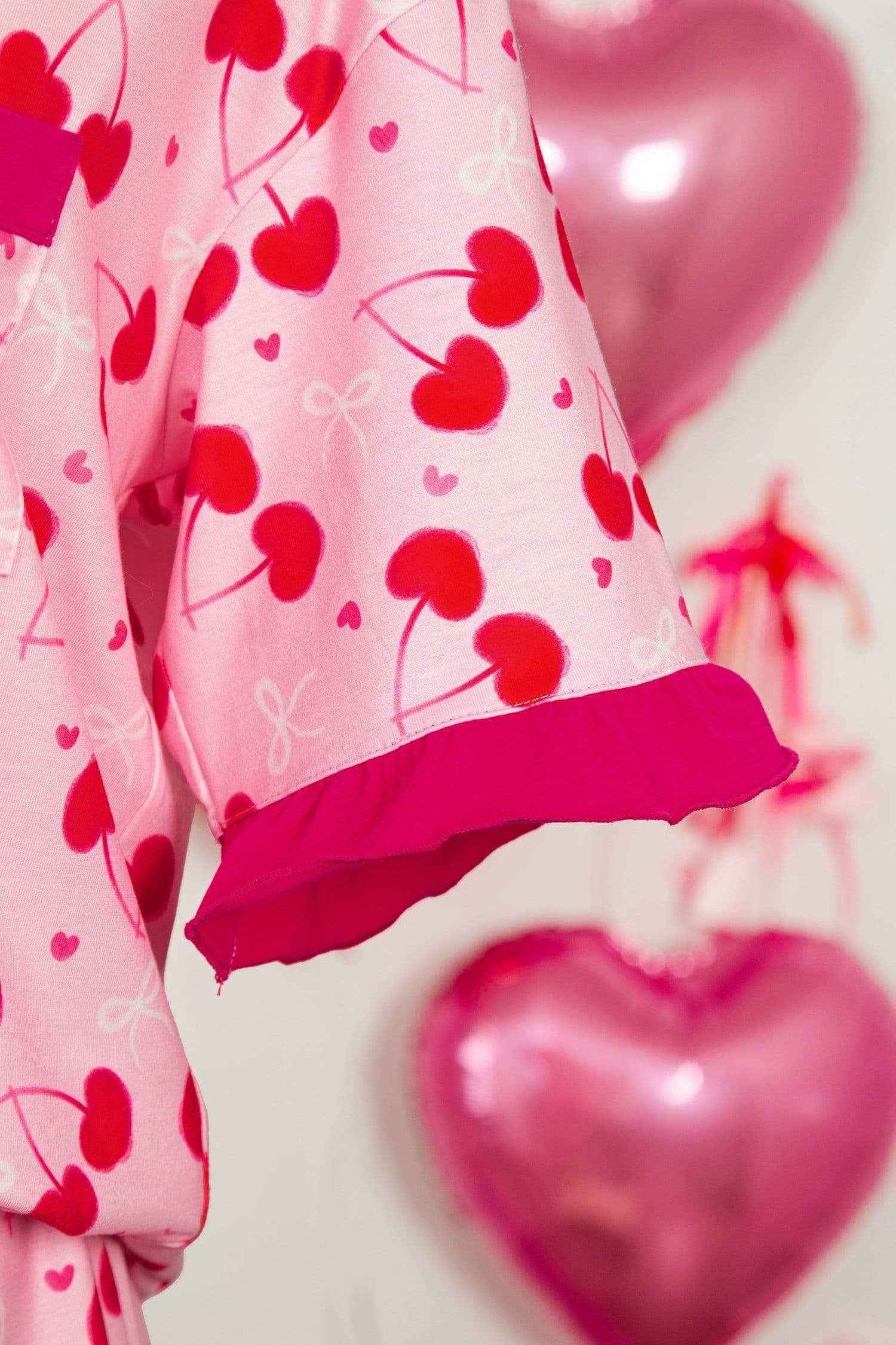 image-Rose Cherry Bow Mixed Print Scalloped Edge Short Pajama Set
