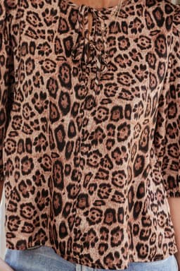image-Brown Leopard Bow Tie Puff Sleeve Blouse
