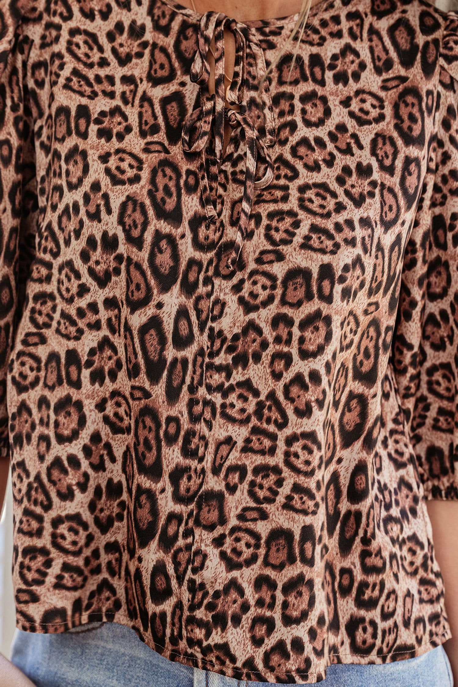 image-Brown Leopard Bow Tie Puff Sleeve Blouse