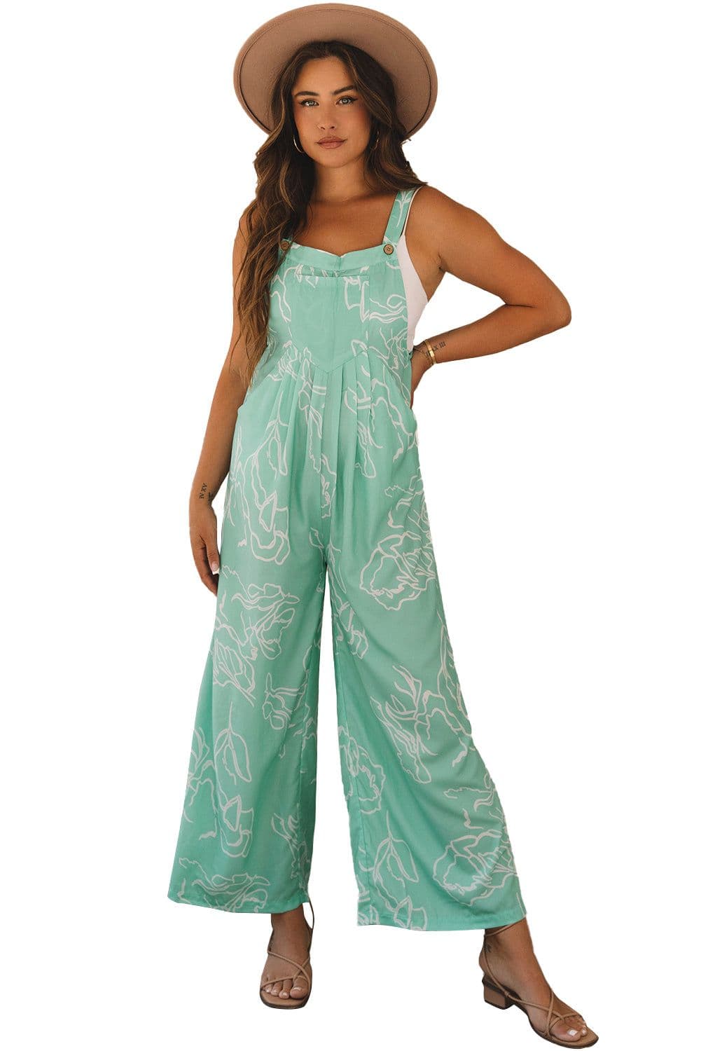 image-Chic Jade Printed Bib Wide Leg Overalls - Comfortable & Stylish (65 characters)