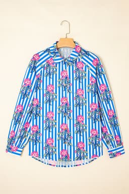 image-Blue Striped Floral Print Buttoned Cuffs Loose Fit Shirt