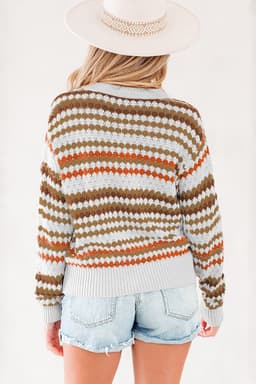 image-Brown Stripe Eyelet Drop Shoulder Sweater