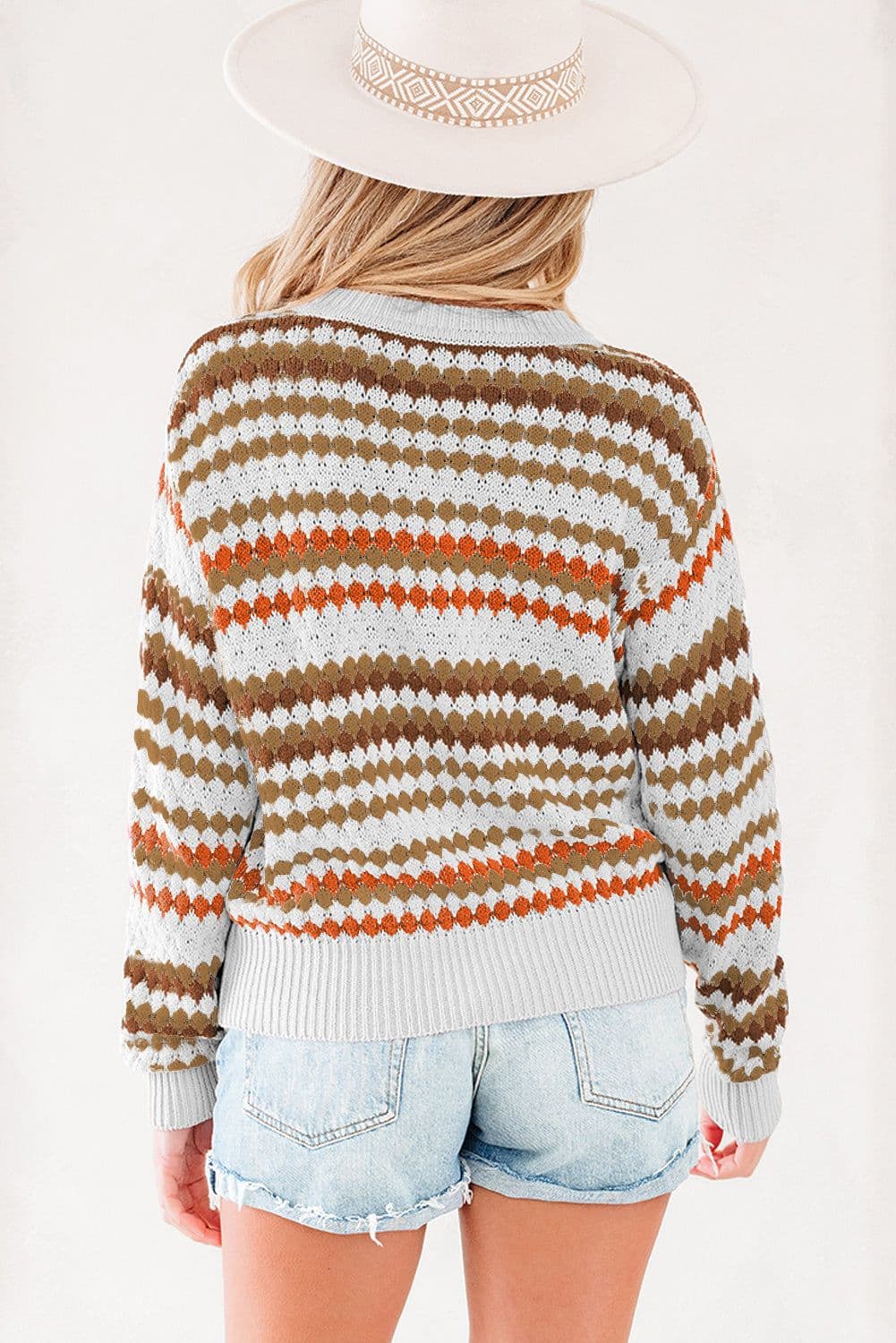 image-Brown Stripe Eyelet Drop Shoulder Sweater