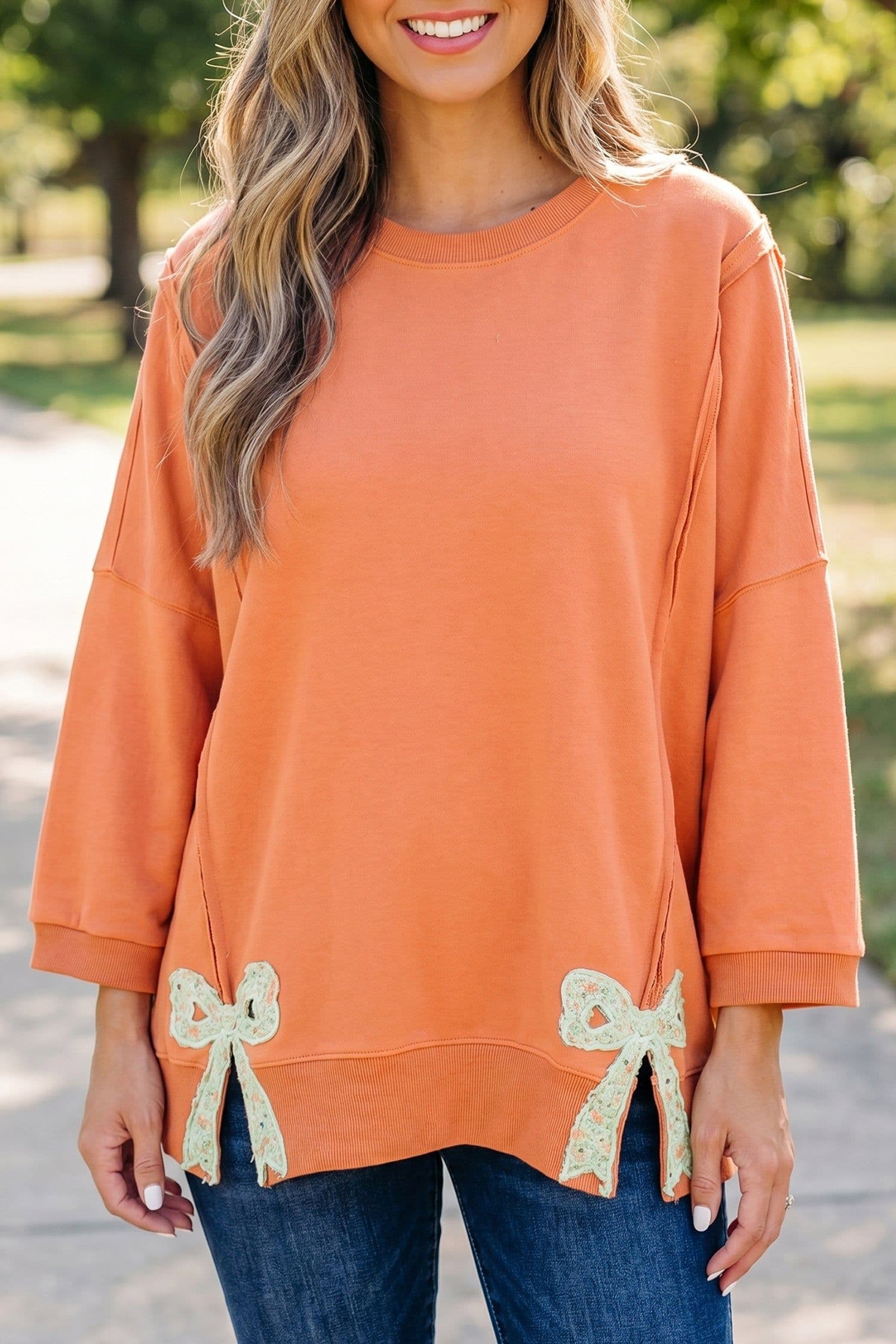 image-Fiery Red Floral Bow Patched Baggy Sweatshirt