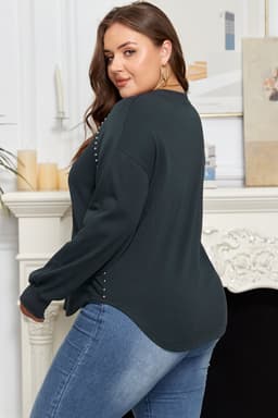 image-Black Studded Decor Ribbed Edge Mineral Wash Plus Size Jumper