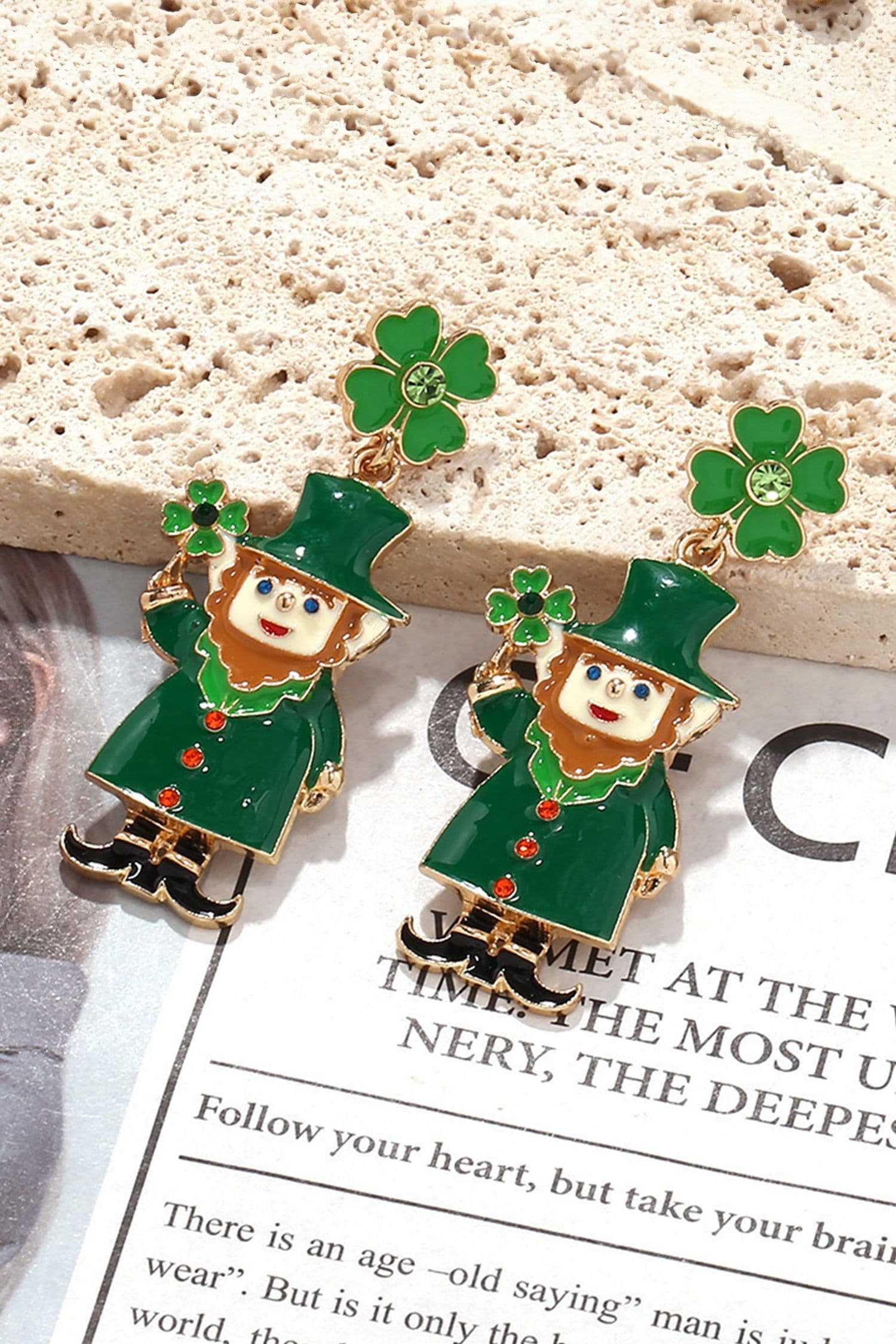 image-Dark Green Leprechaun Drop Earrings - Enamel