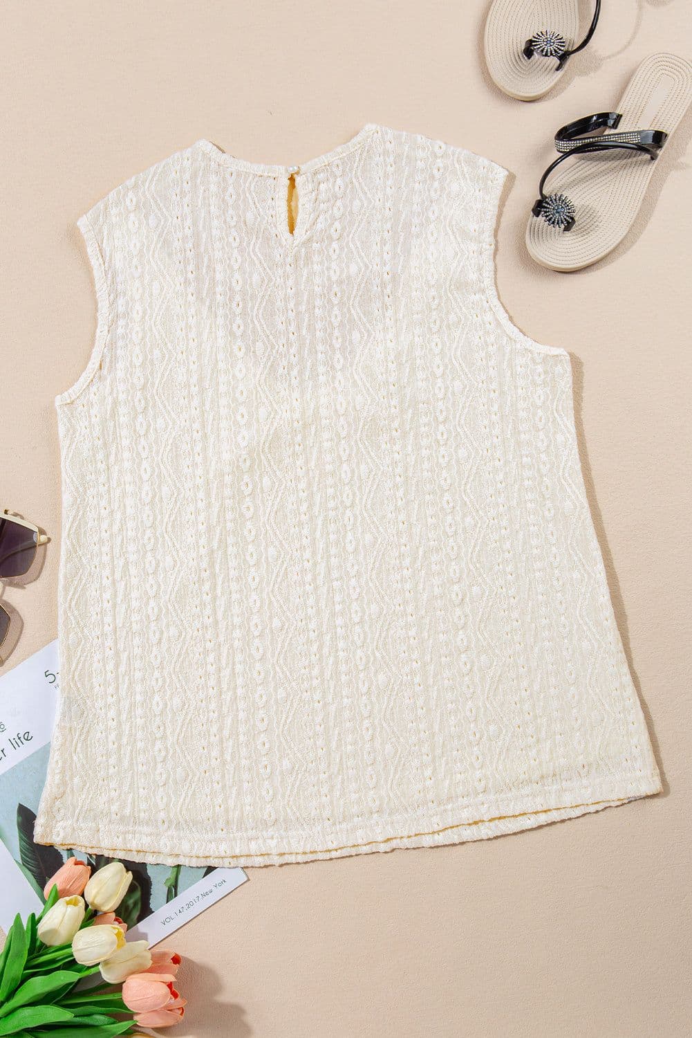 image-Guipure Lace Crochet Keyhole Back Tank Top - Apricot