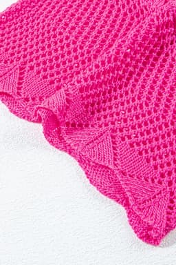 image-Rose Red Pointelle Knit Top - Short Sleeve, Scallop Edge, Delicate Design