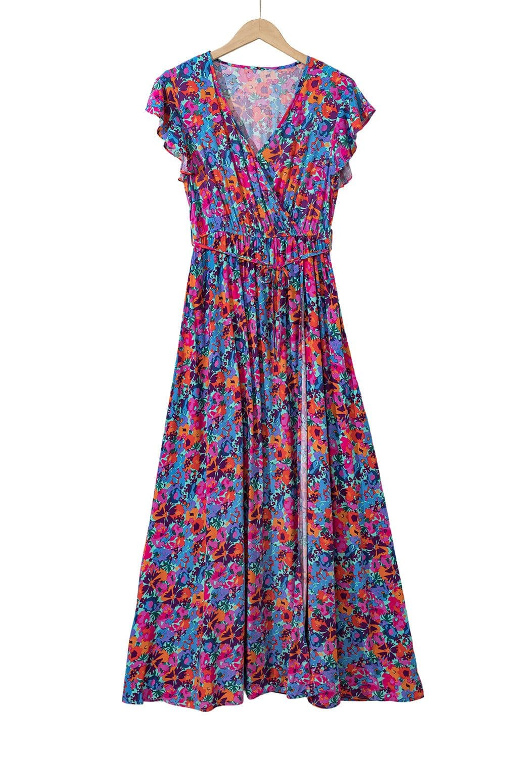image-Blue Floral V Neck Wrap Split Maxi Dress
