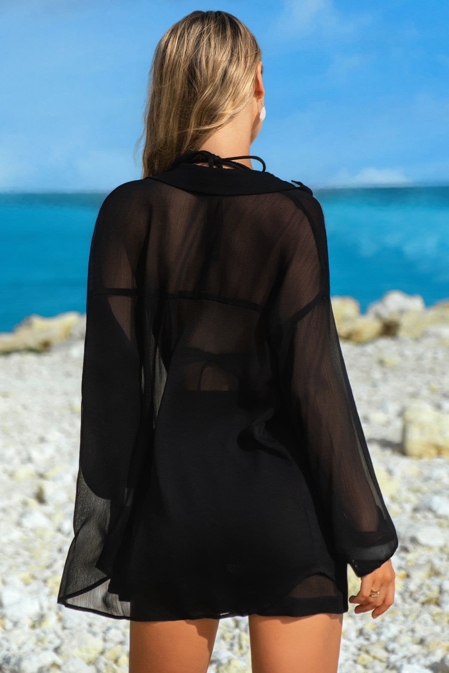image-Black Sheer Tunic Shirt Drawstring Shorts 2pcs Swim Cover Up