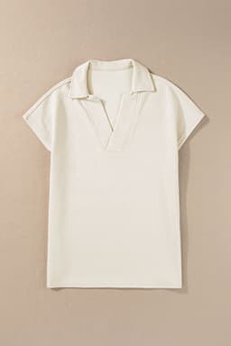 image-White Textured V Neck Collared Short Sleeve Top