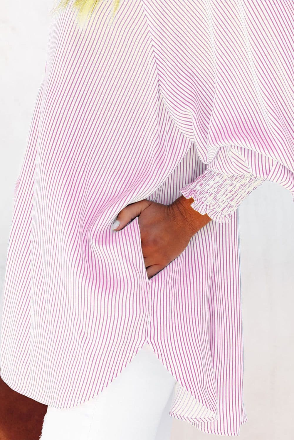 image-Sky Blue Striped Boyfriend Shirt with Pocket - Smocked Cuffs