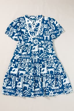 image-Blue Ricrac Trim Split Neck Floral Loose Dress