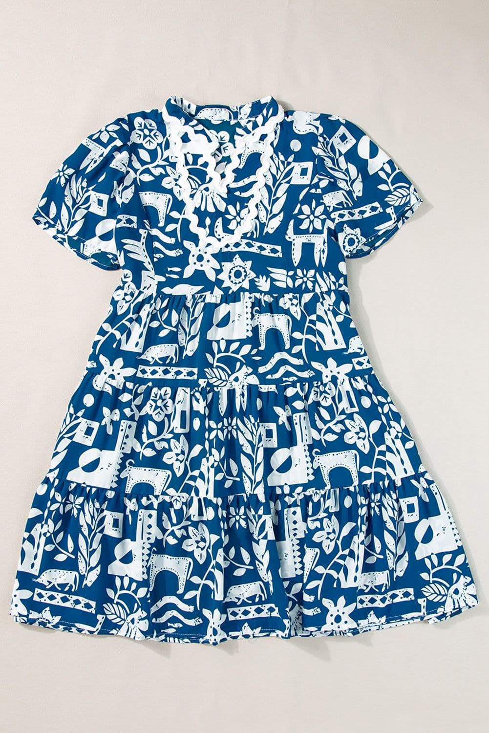 image-Blue Ricrac Trim Split Neck Floral Loose Dress