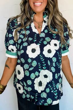 image-Blue Floral Striped Patchwork V Neck Blouse