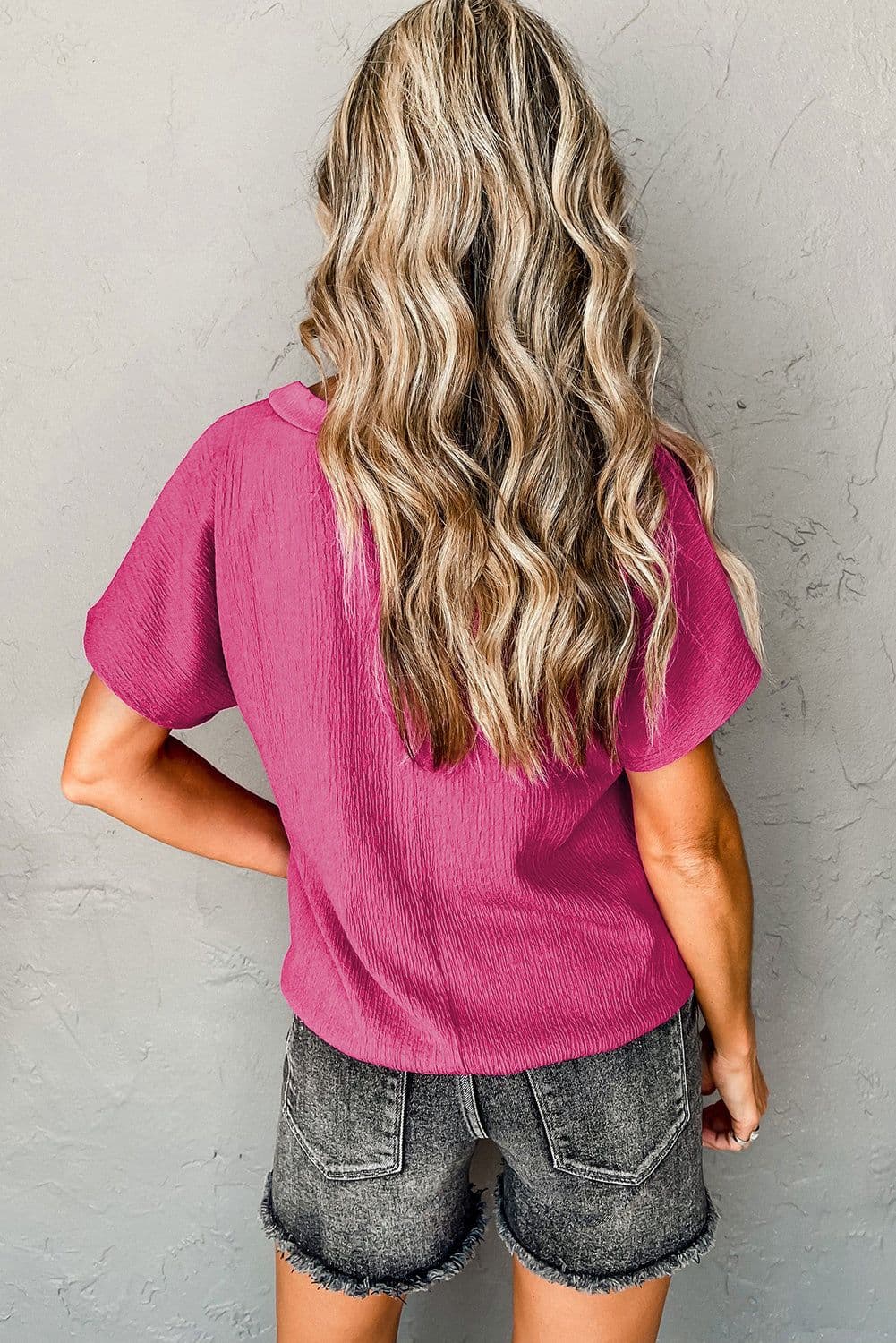 image-Blue Sapphire Crinkled V Neck T-shirt - Women's Fashion