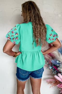 image-Sachet Pink Blouse Flower Embroidered Frilled V Neck