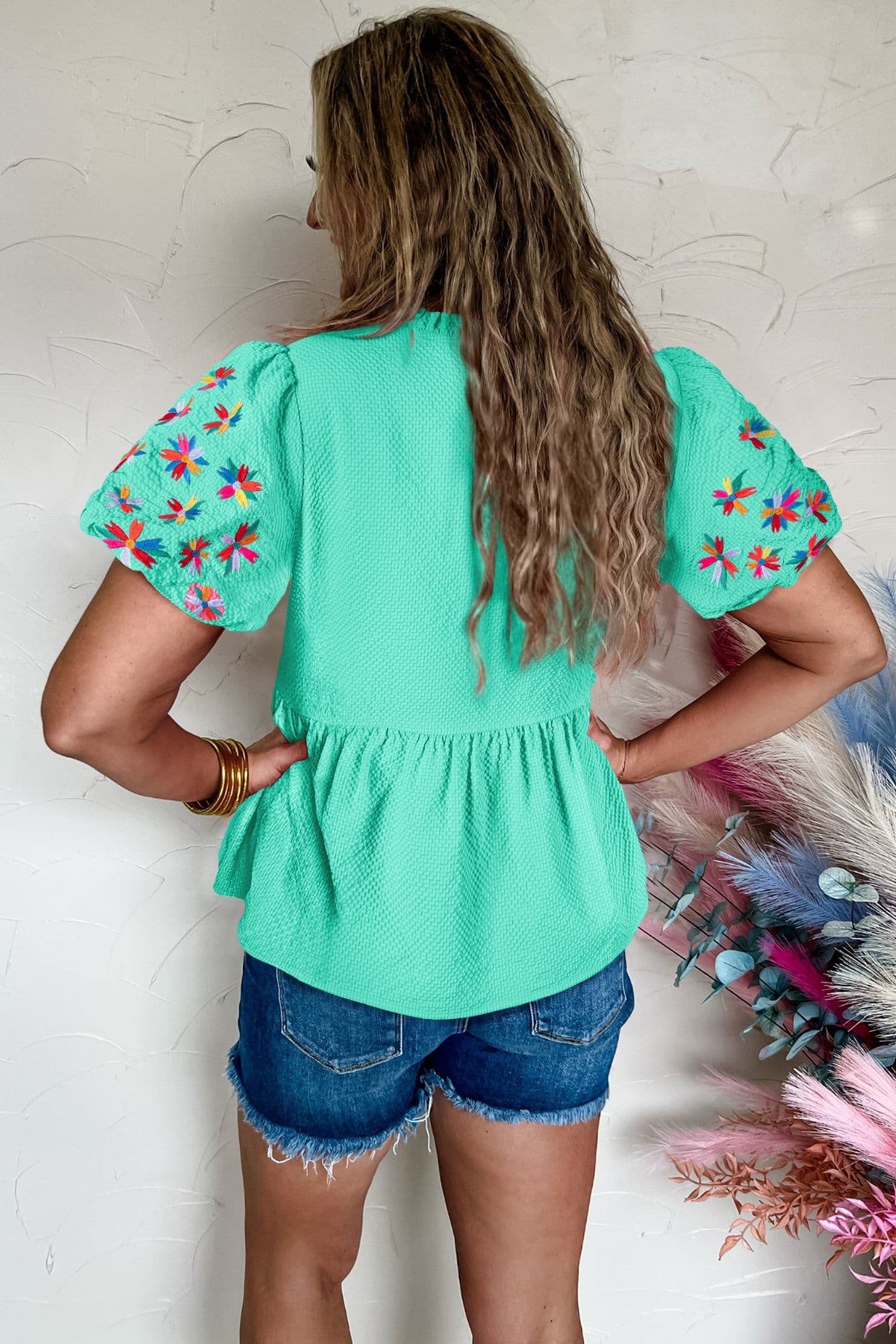 image-Sachet Pink Blouse Flower Embroidered Frilled V Neck