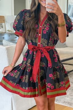 image-Black Retro Floral Print Button Down Belted Short Puff Sleeve Mini Dress