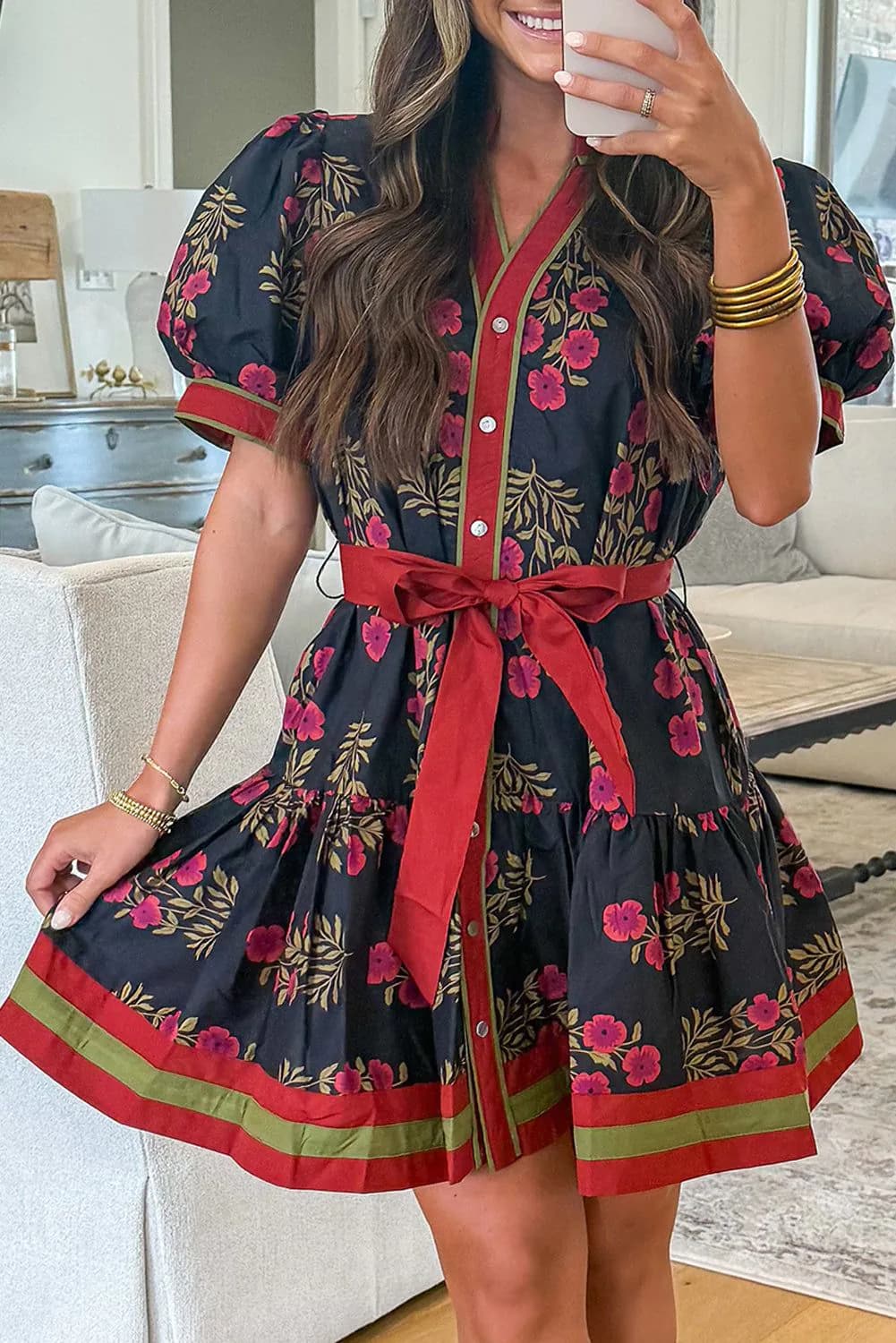 image-Black Retro Floral Print Button Down Belted Short Puff Sleeve Mini Dress