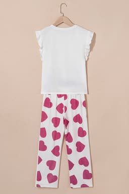 image-Pink Ruffled Tank Top And Heart Print Pants Lounge Set
